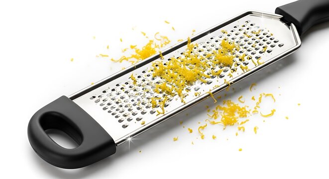 Grater with lemon zest on white background for kitchen use