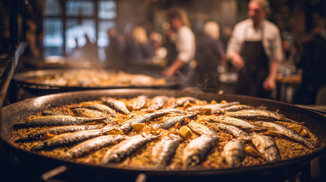 Sagra del Pesce, Large pan filled with grilled fish cooking over fire at Sagra del Pesce festival showcasing traditional Italian seafood preparation and outdoor culinary experience