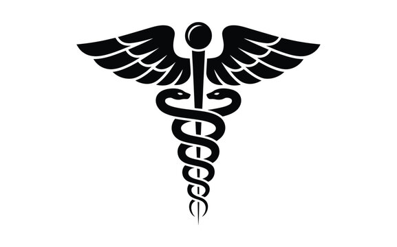 Veterinary caduceus vector symbol with letter v in center black and white medical emblem isolated on white background