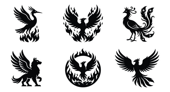 Mythical phoenix bird silhouettes set, 6 black fire bird vector icons, legendary creature emblems for tattoo and logo design, fantasy griffin and peacock