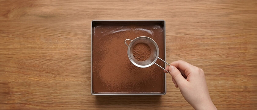 Hand sifting cocoa powder over chocolate cake in baking tin, panoramic banner with copy space