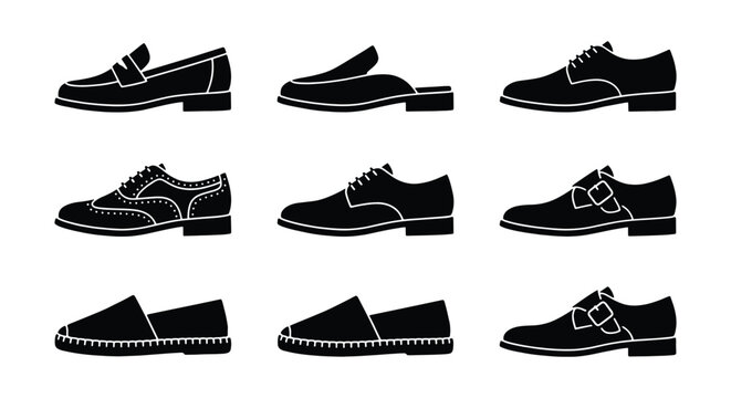 Classic men's formal shoes icon set, 9 black silhouette footwear vectors, elegant leather dress shoes including loafers, oxfords, and brogues