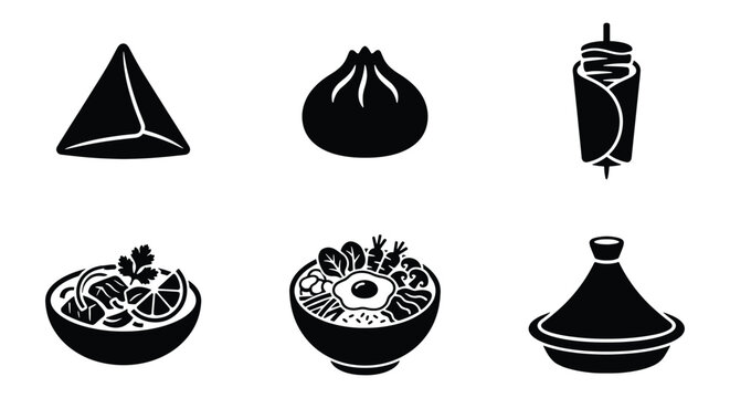Global street food icon set, black silhouette ethnic cuisine symbols, 6 vector elements of samosa, dumpling, shawarma, ramen, and tajine