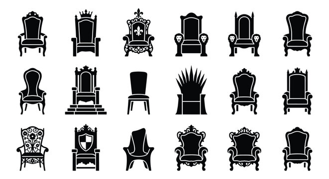 Royal throne icon set, 18 black silhouette king and queen chairs, medieval furniture vector collection for fantasy gaming and heraldry