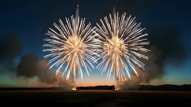 Fuegos artificiales gemelos lanz&aacute;ndose y explotando en el cielo crepuscular, celebraci&oacute;n espectacular de Cinco de Mayo, pirotecnia dorada para eventos festivos y publicidad.