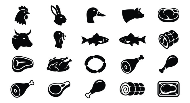 Butcher shop meat icons set, 20 black vector silhouettes of farm animals and poultry, fresh beef and pork cuts for grocery store signage