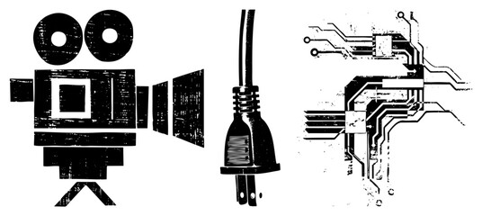 Obraz premium Stylized black and white vector vintage movie camera, electrical plug, and abstract circuitry, gritty textured design, tech and symbols.
