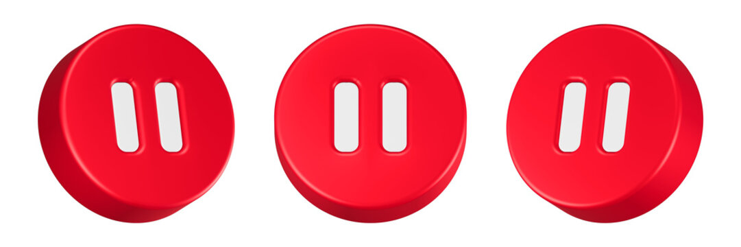 pause button icon 3d render red circle
