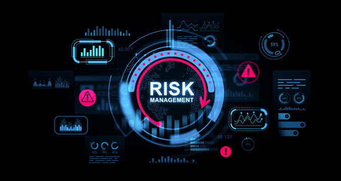 Digital risk management interface with glowing charts and futuristic warning elements on a dark tech background for modern analytics. 3D Rendering