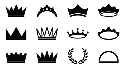 Minimalist crown icons set, black royal tiara and diadem silhouettes, 12 vector elements for luxury branding and heraldic logos © MD