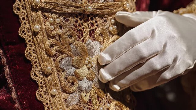 Close up of ornate golden embroidery fabric