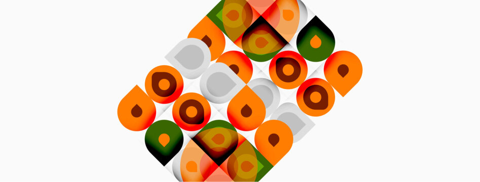 Abstract geometric pattern. Rounded rectangles overlap, creating colorful mosaic effect. Orange, green, brown tones dominate composition.