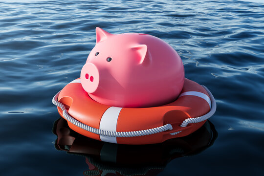 Pink piggy bank floating on an orange lifebuoy across calm ocean water as a financial security and savings protection concept illustration. 3D Rendering