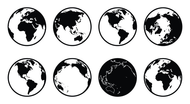 Minimalist world globe icons set, 8 black and white earth vector symbols, global map silhouettes showing different continents and perspectives