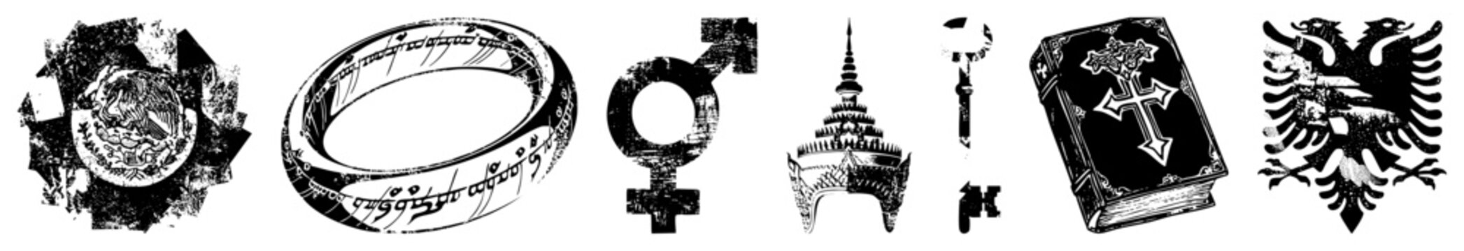 Antique style emblems One Ring, gender symbols, Thai temple, ornate key, bound book, double headed eagle. vector with distressed textures.