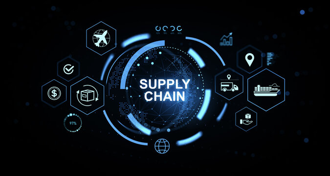 Digital supply chain network interface showing logistics symbols and global connections in futuristic style on a dark technology background. 3D Rendering