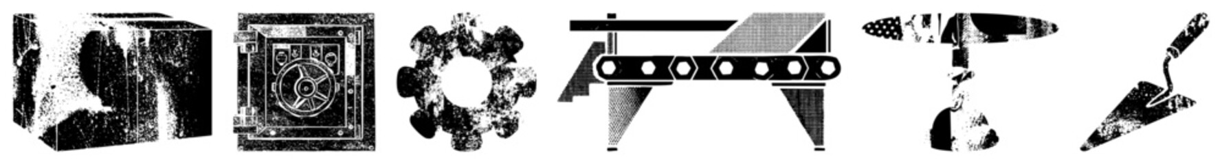 Fototapeta premium Set of six halftone industrial including gear, safe, conveyor belt, airplane, trowel, and cube vector graphics for design, engineering, or manufacturing contexts.