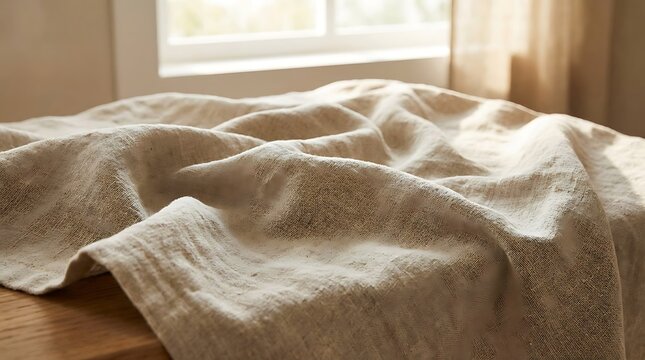A light beige linen fabric draped on a wooden table near a bright window.