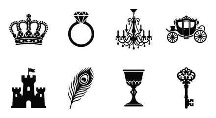 Fototapeta premium Royal luxury icons set, black silhouette fairy tale elements, 8 vector symbols including crown, castle, diamond ring, and vintage carriage