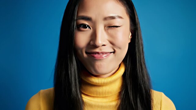 A young Asian woman in a yellow turtleneck sweater playfully touches her nose against a vibrant blue background, conveying a sense of whimsy and lightheartedness.