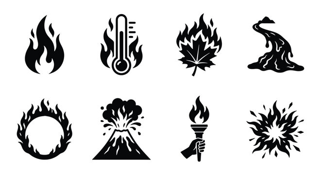 Black fire and heat icons set, 8 flame and disaster vector elements, minimalist volcano and wildfire symbols, burning torch and lava graphics