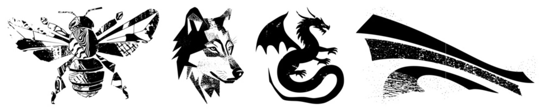 Stylized bee, wolf, dragon and abstract shapes rendered in bold black and white, flat vector design, tribal tattoo inspired, graphic illustration.