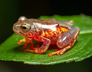 Obraz premium Incredible macro wildlife photography of a tiny vibrant exotic poison dart frog resting on a bright green leaf.