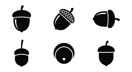 Minimalist acorn icon set, black oak nut silhouettes, collection of 6 vector elements for autumn nature branding and forest logos © Sifat