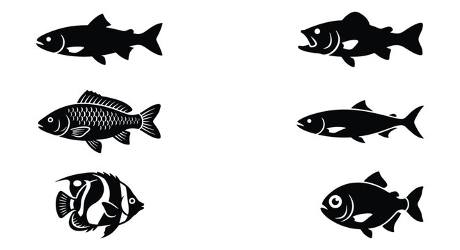Black fish silhouettes set, 6 vector icons of sea and river fish species, minimalist aquatic animal shapes for fishing logos and seafood branding