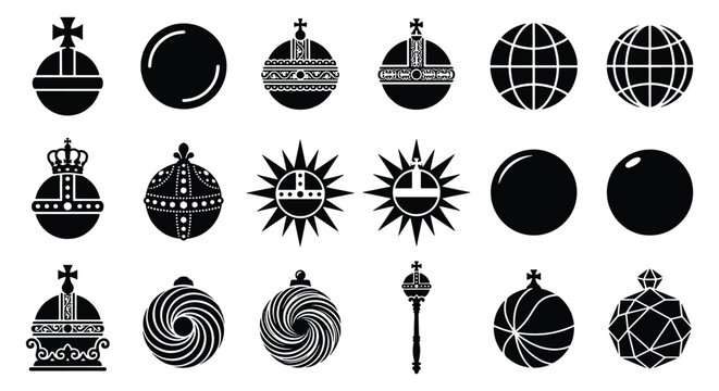 Royal globus cruciger icons set, black sovereign orb and scepter silhouettes, 18 medieval monarchy regalia vector elements for heraldry