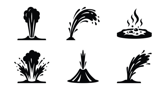 Geyser and hot spring icon set, black and white volcanic eruption vector elements, 6 geothermal water splash and steam vent symbols