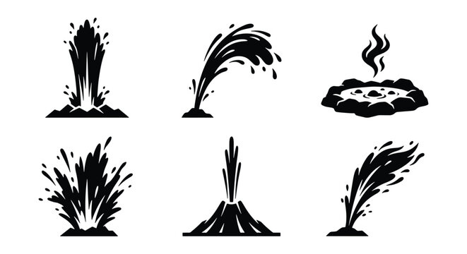 Geyser and volcano eruption icons set, black silhouette water splash and steam vent vectors, 6 natural thermal spring and oil gusher elements