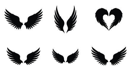 Obraz premium Black wing silhouettes set, 6 pairs of decorative bird and angel wings, gothic feather wing icons for logo design and tattoo art