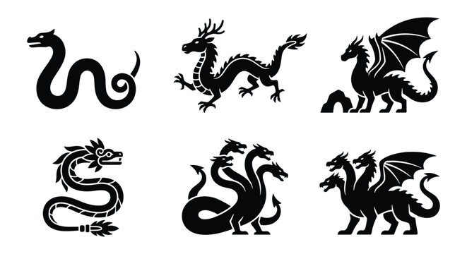 Mythical dragon silhouettes set, 6 black fantasy creature icons, ancient hydra and wyvern vector illustrations, legendary beast graphic elements