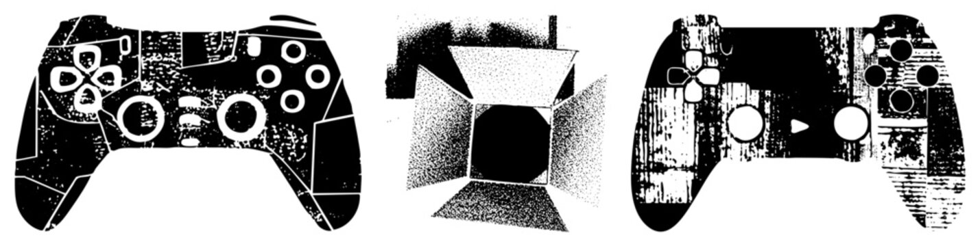 Retro gaming controller design with worn, lightbox studio setup, vector illustration, gaming hardware, digital art, isolated graphics, halftone effect.