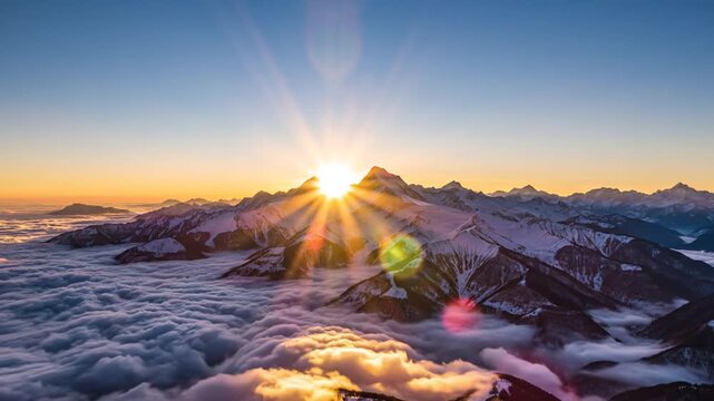 Snow covered mountain range at sunset above a sea of clouds
