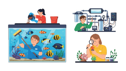 Fototapeta premium Aquarium maintenance and observation: A composite of illustrations showcasing various aspects of aquarium care and scientific observation
