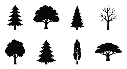 Black tree silhouettes set, collection of 8 forest and garden tree icons, minimalist nature vector elements for landscape design and mapping © Arif