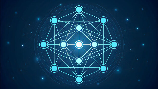 Glowing sacred geometry pattern on dark blue technological background with connected nodes.