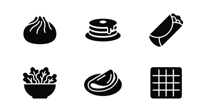 Minimalist food icons set, black solid vector symbols of pancakes, dumpling, burrito and salad bowl, 6 culinary meal elements for restaurant menu
