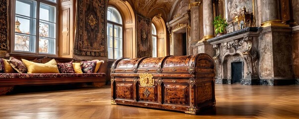 Obraz premium Polished Wooden Travel Chest Positioned Near Marble Fireplace in Elegance