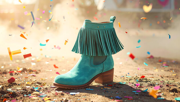 Suede bootie with long swinging fringes on a dusty festival ground with confetti under warm vibrant sunlight in bohemian style generative AI
