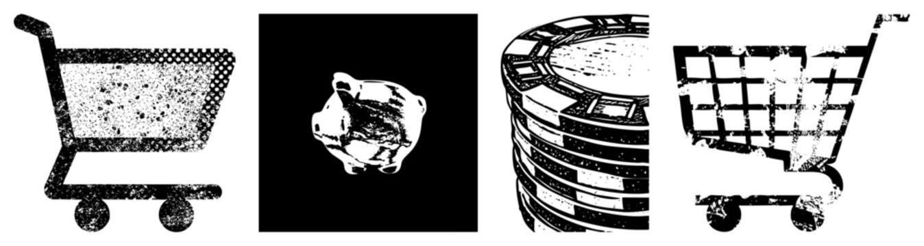 Vector featuring shopping cart, piggy bank, and poker chips with gritty texture, isolated symbols for finance or retail themes.