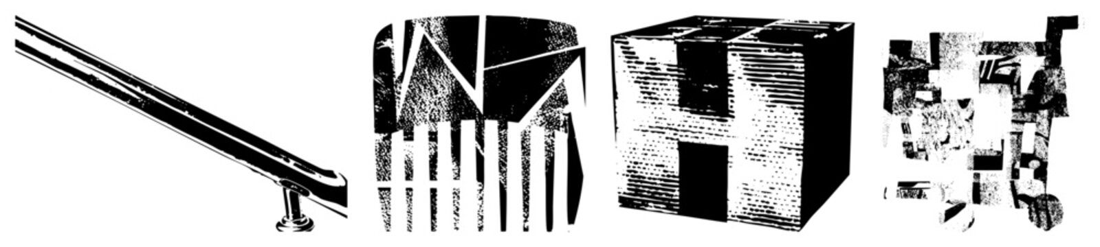 Stylized vector shapes with halftone textures, abstract composition, graphic design elements, modern art forms, minimalist geometry.