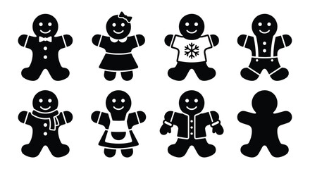 Obraz premium Gingerbread man icon set with 8 black silhouettes, Christmas cookie character collection, festive holiday biscuit vector elements for winter design
