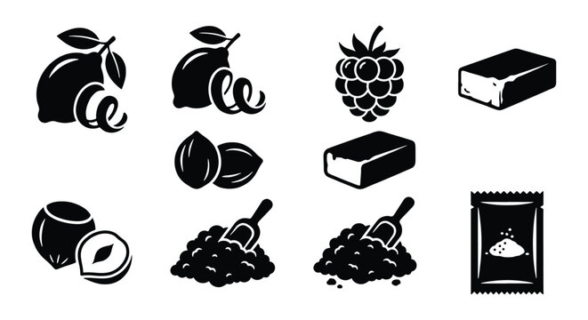 Black and white food ingredients icon set, minimalist baking and cooking vector elements, 11 organic fruit and nut silhouettes for packaging design