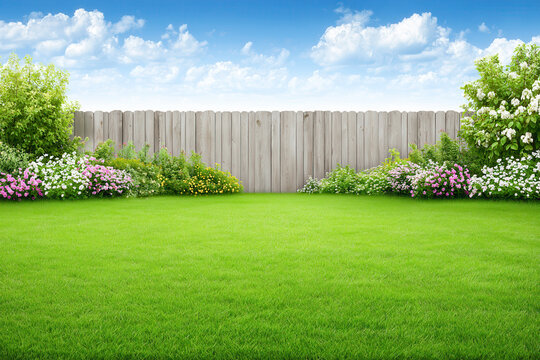 Backyard lawn with wooden fence