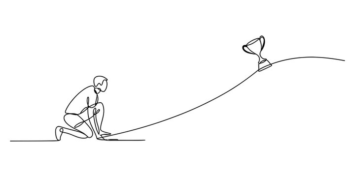 A continuous line drawing of a person crouching at a starting line ready to reach a gold trophy Vector, illustration