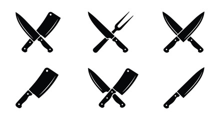 Fototapeta premium Professional butcher knife set, crossed kitchen cleaver and chef blade icons, black silhouette culinary tools for restaurant branding and steakhouse logos