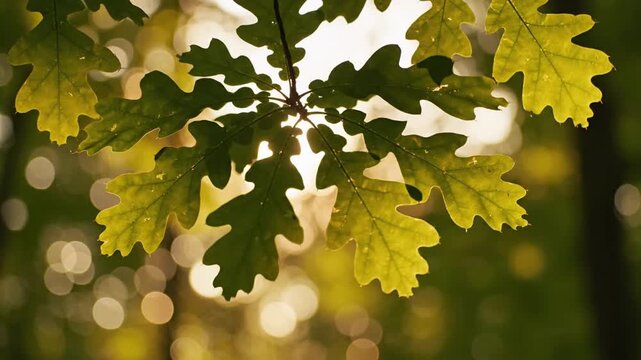 Close up of vibrant green oak leaves against blurred sunlight background